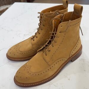 Clegerie Paris tan suede brogue boots with side zipper. Size 38